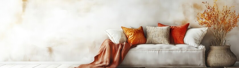 Cozy reading nook, interior design element, watercolor illustration, warm neutrals, isolated on white background