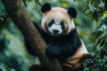 Fototapeta premium A giant panda bear sits perched on a tree branch, looking directly at the camera with a curious expression.