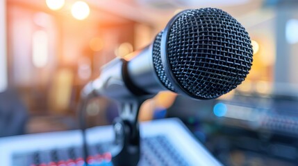 Close-up of microphone on stand in soundproof recording studio, positioned in front of script stand, symbolizing voice acting and audio production.