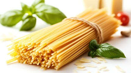 A beautiful bundle of spaghetti varieties rests alongside fresh basil and vibrant cherry tomatoes, inviting culinary creativity