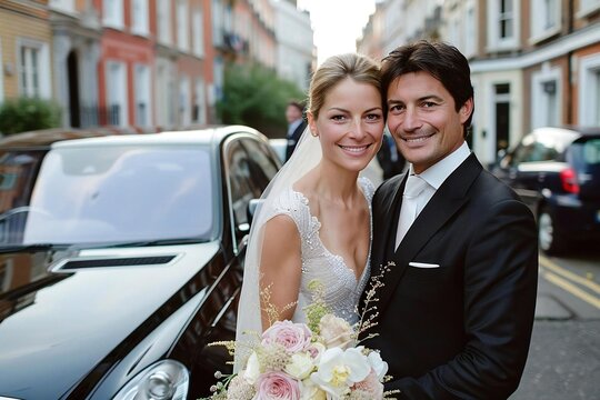 Full body photo of couple Caucasian chaffeur outside