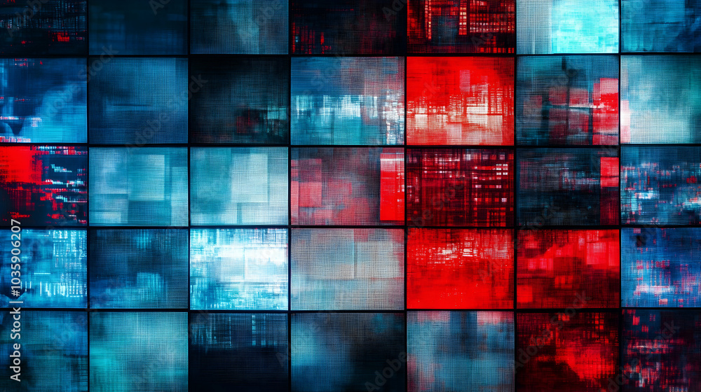 Poster red and blue digital panels filled with data, capturing the abstract world of analytics and computin