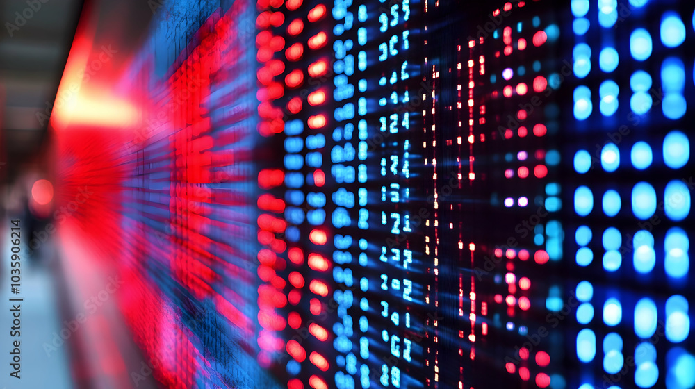 Poster red and blue led panels displaying numbers and data, representing analytics and network computing -