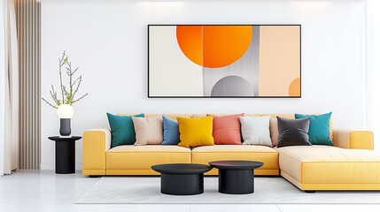Sofa in modern living room design with vibrant pillows and stylish decor