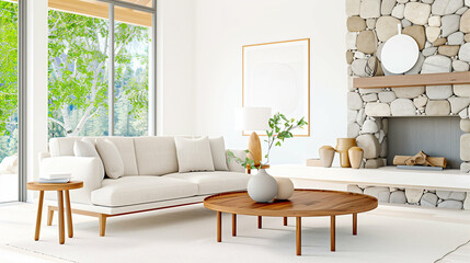 Fototapeta premium Cozy living room with modern interior featuring a stone fireplace and stylish furniture