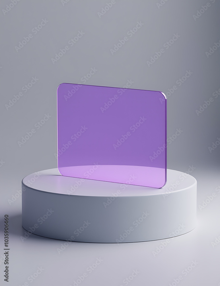 Poster purple glass inscription on grey podium with soft light and smooth 3d rendered background in a subtl