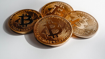 Bitcoin cryptocurrency, a pile of golden metallic coins on white background.