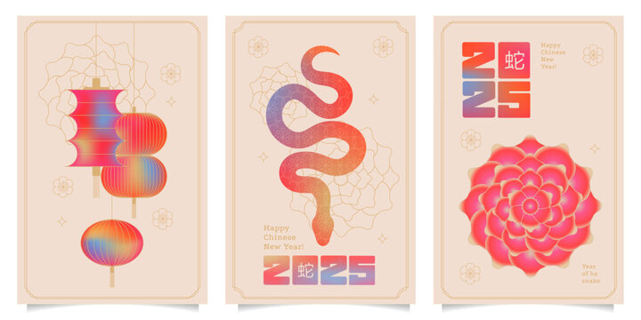 Set of 2025 Chinese new year, year of the snake posters cards template design with gradient snakes, beautiful flower and lanterns background. Hieroglyph translation - Snake