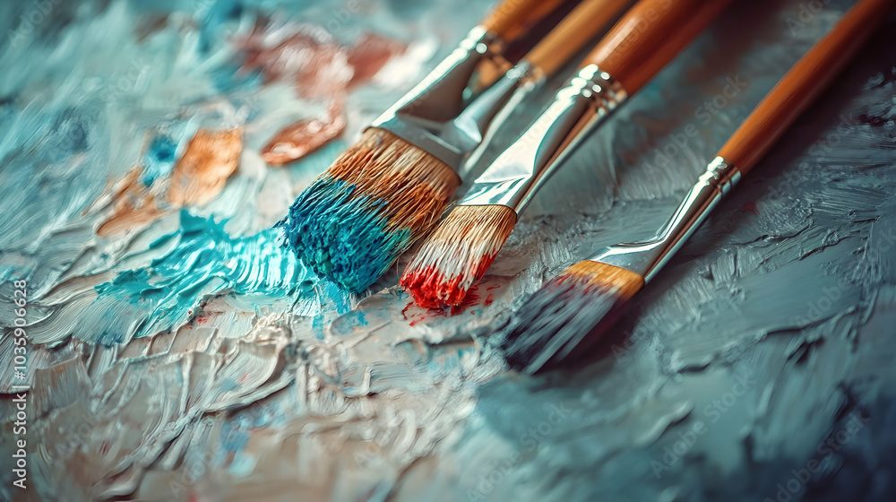 Poster set of colorful paintbrushes and paints spread on a textured canvas, symbolizing artistic creativity