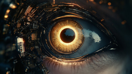 Futuristic Cyborg Eye with Glowing Iris and Circuitry