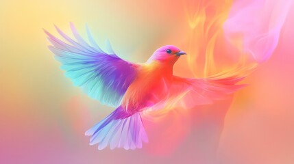 A vibrant, colorful bird with outstretched wings in flight, surrounded by a glowing, abstract background.
