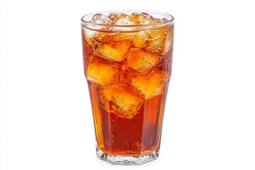 A glass of cola with ice cubes, isolated on a white background.