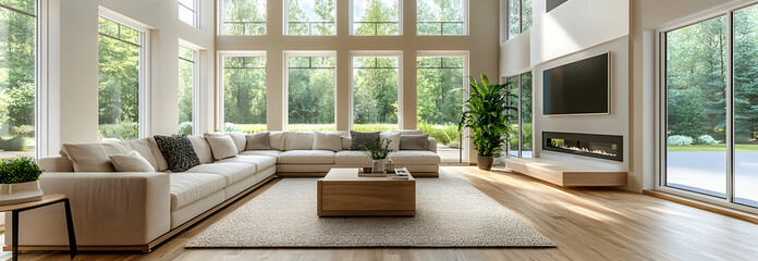 Spacious living room with high ceilings, neutral tones, and light wood floors ready for customization -
