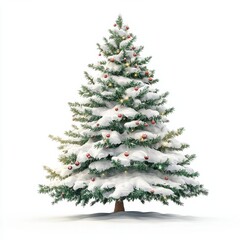 A Christmas tree clipart with snow-covered branches, adorned with mistletoe, 3D illustration, glowing lights, isolated on white background