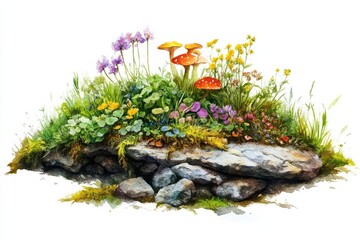 Enchanting fairy garden, fantasy element, watercolor illustration, bright colors, isolated on white background