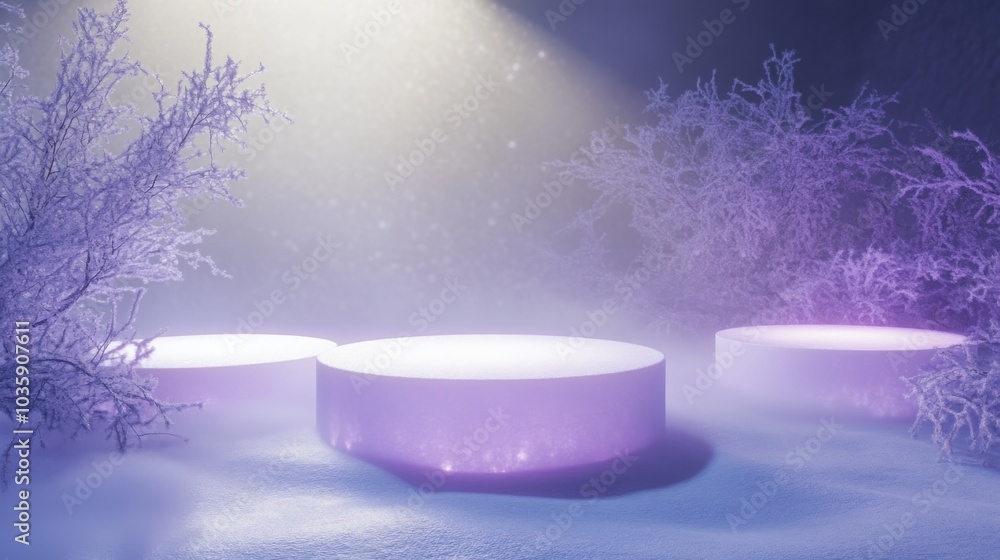 Poster Three round platforms in a misty winter landscape. The platforms are illuminated from below, casting a soft glow. Two snow-covered trees frame the scene on either side.
