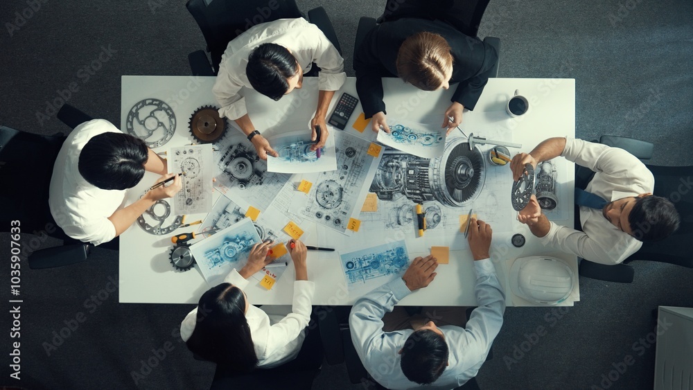 Poster top down aerial view of smart engineer team working together to design turbine engine. professional 