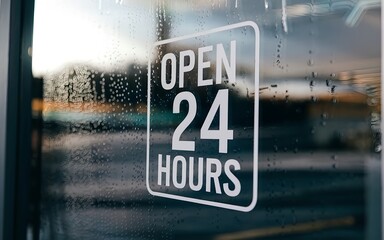 Store glass with open 24 hours sign. Business and service
