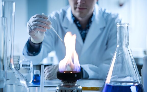 Scientist with open bunsen flame in lab. Research and experiment