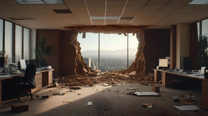 Obraz premium Office with a Giant Fissure in the Building – Structural Damage and Safety Concerns
