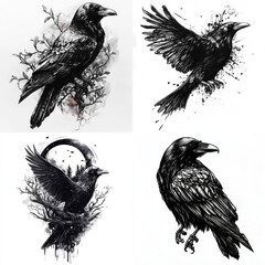 Fototapeta premium Crow on a branch tattoo design
