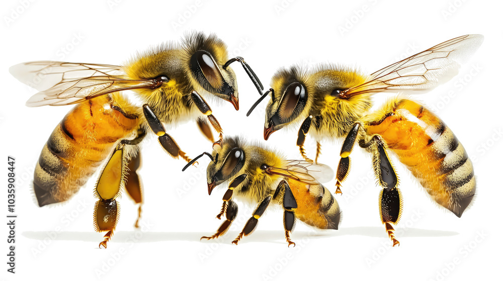 Poster honey bees with isolated objects on a clear background generative ai