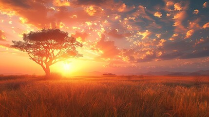Obraz premium A beautiful savanna with acacia trees and a stunning sunset