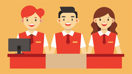 The helpful staff behind the desk are dressed in matching uniforms and wear bright smiles as they assist customers.