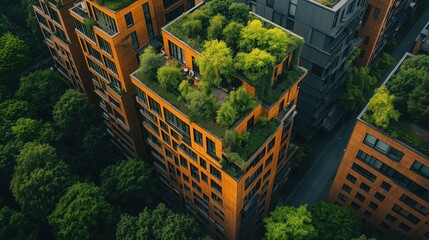 Colorful buildings with lush greenery create a lively urban atmosphere, showcasing the blend of nature and architecture
