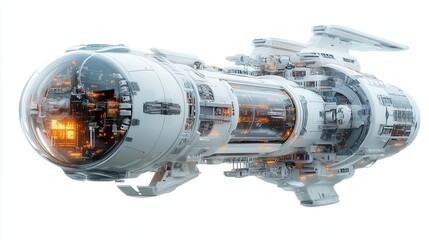 Futuristic space station, sci-fi element, 3D rendering, metallic colors, isolated on white background