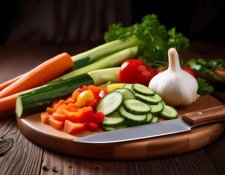 Verduras frescas picadas sobre una tabla de madera con un cuchillo de cocina