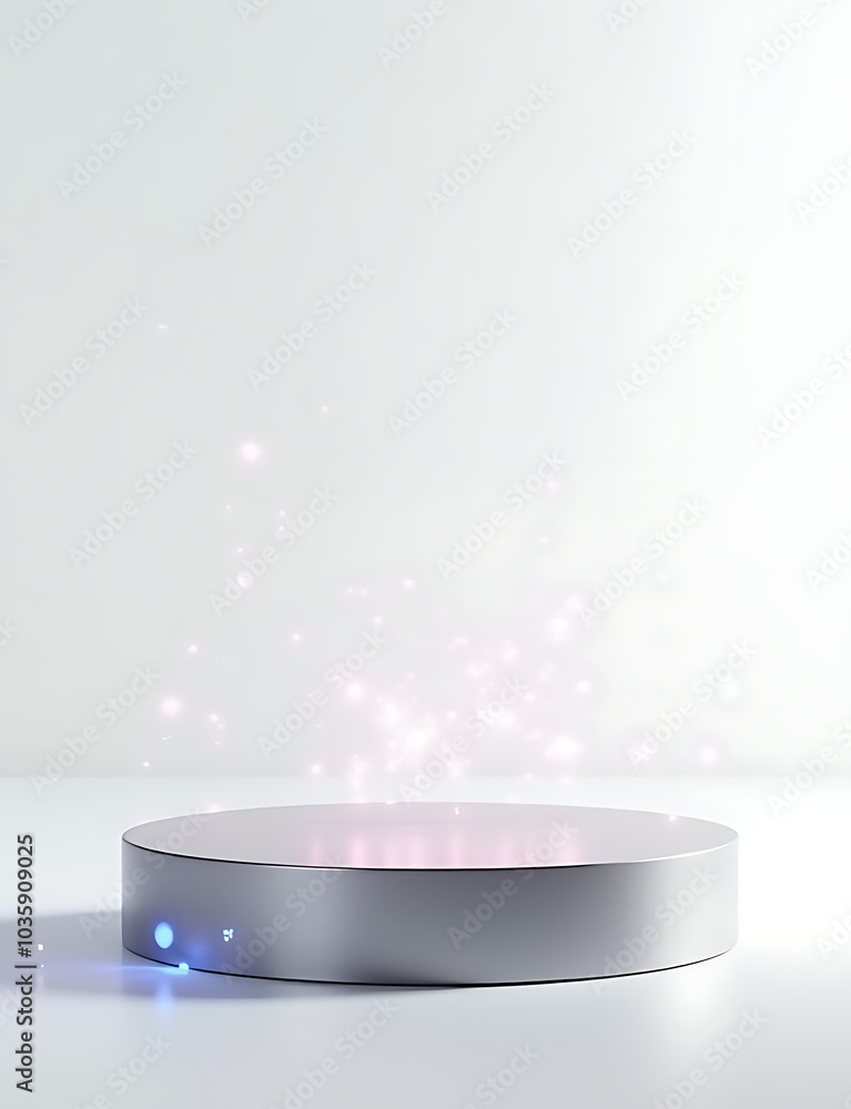 Poster sleek metallic podium features glowing patterns on pristine white background inspired by quantum com