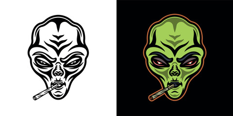 Stoned alien head with marijuana spliff in mouth vector illustration in two styles, black on white and colored