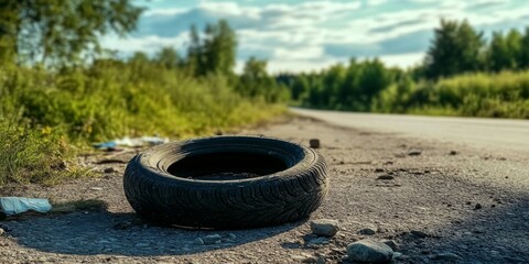 An abandoned tire rests beside a country road, highlighting rural landscapes. 