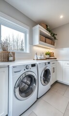 Modern laundry room with white cabinets and washer dryer.