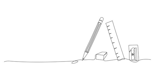 Continuous one line hand drawn of pencil, eraser, ruler, and pencil sharpener isolated on white background, stationery or education concept, Vector Illustration, , Editable stroke