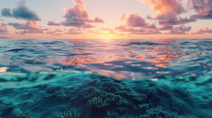 Fototapeta premium A calm ocean with a vibrant coral reef visible below the surface