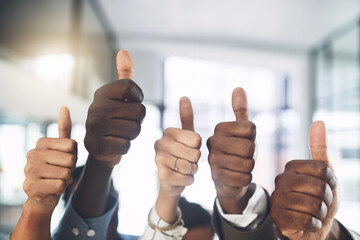 Business people, hands and thumbs up in office for teamwork, achievement and collaboration with support. Employees, trust and approval gesture in workplace for thank you, success and agreement emoji