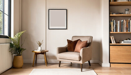 A stylish reading nook featuring a cozy armchair with a brown pillow, a framed mockup  for artwork on the wall. Modern design