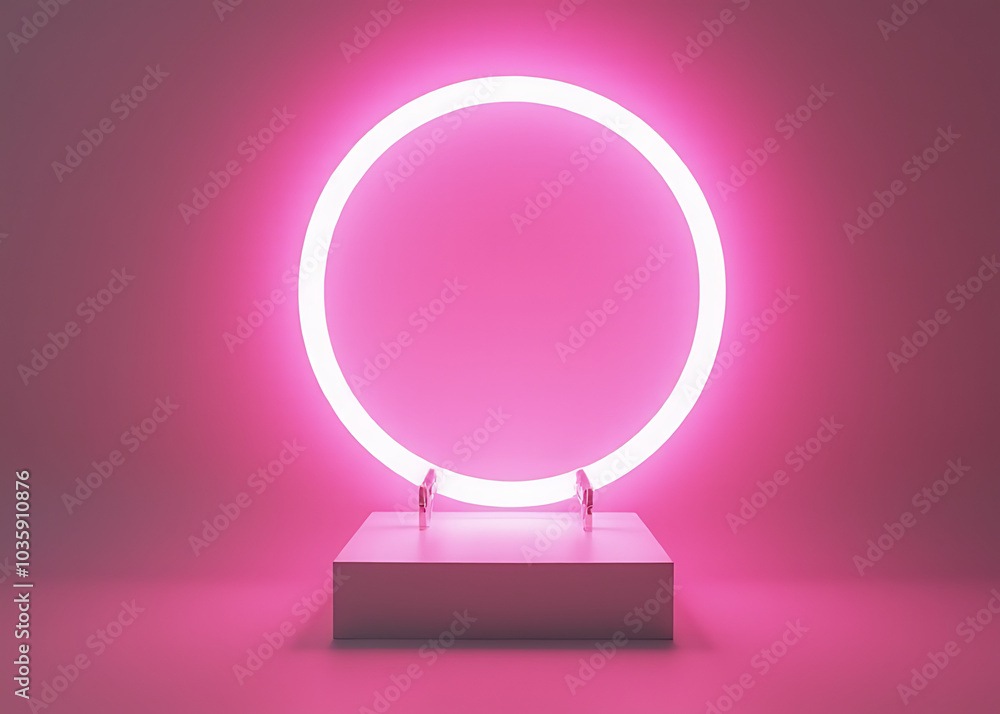 Poster soft pink neon circular light installation features a minimalist pedestal for artistic display purpo