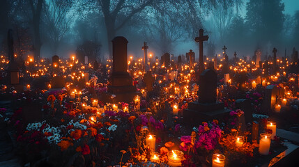 A cemetery is lit up with candles and flowers. Scene is somber and peaceful