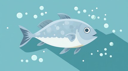 Obraz premium A cartoon fish with a big eye swims in turquoise water with bubbles.