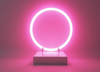 Soft pink neon circular light installation features a minimalist pedestal for artistic display purposes.
