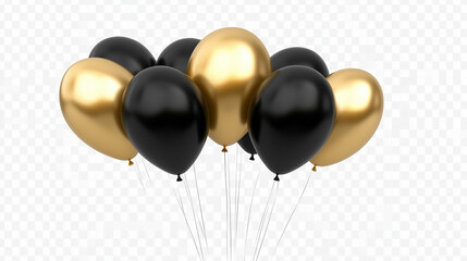 gold and black colored balloons isolated on white or transparent png