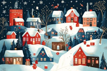 New Year illustration postcard with small snowy houses and New Year and Christmas decor