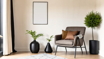 Fototapeta premium A stylish reading nook featuring a cozy armchair with a brown pillow, a framed mockup for artwork on the wall. Modern design