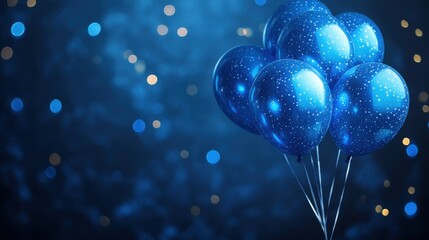Cluster of blue balloons with sparkles against a glowing bokeh background.