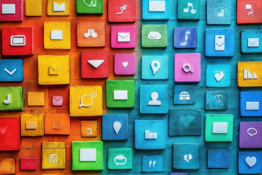 Exploring vibrant technology concepts of social media with colorful app icons on a digital backdrop