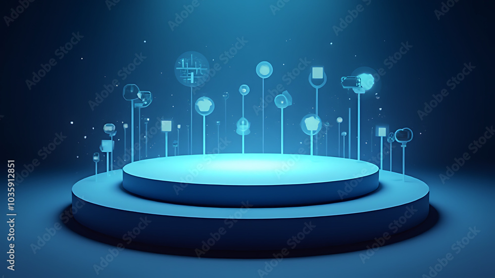 Poster Tech professionals can use a futuristic podium with floating growth elements for presentations with ample space to copy content.