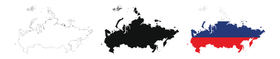 Russia map in various style outline, icon, black color, border, flag colors. Europe country icons collection. Vector illustration
